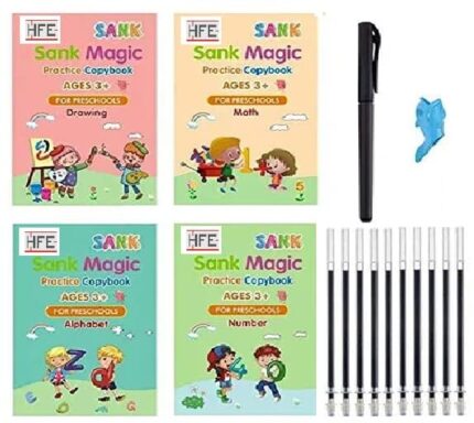 Sank Magic Practice Copybook | 4 BOOK + 10 REFILL+ 1 Pen +1 Grip | Good Book for Preschoolers | Reusable Magic Copybook Set (1 SET)
