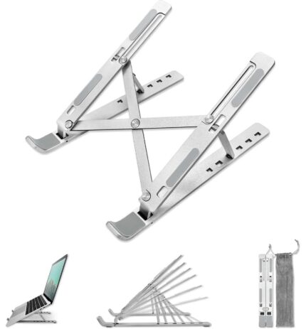 Laptop Stand, Fold-Up, Adjustable, Ventilated, Portable Laptop Holder for Desk, Aluminum Foldable Laptop Ergonomic Compatibility with up to 15.6-inch Laptop, All Mac, Tab, and Mobile (Silver)